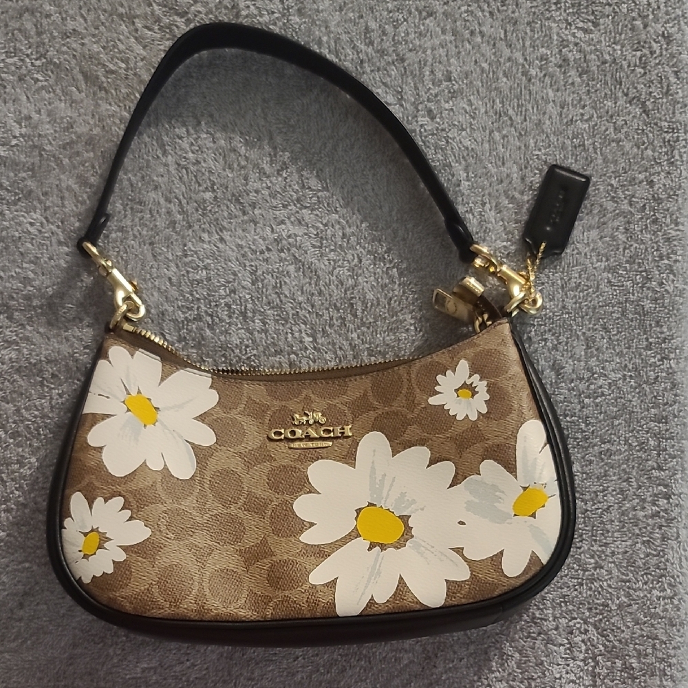 Coach Tan and White Floral Shoulder Bag